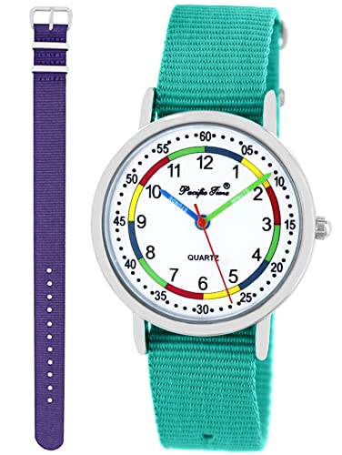 Pacific Time Lernuhr Mädchen Jungen Kinder Armbanduhr 2 Armband türkis + violett analog Quarz 11051 von Pacific Time