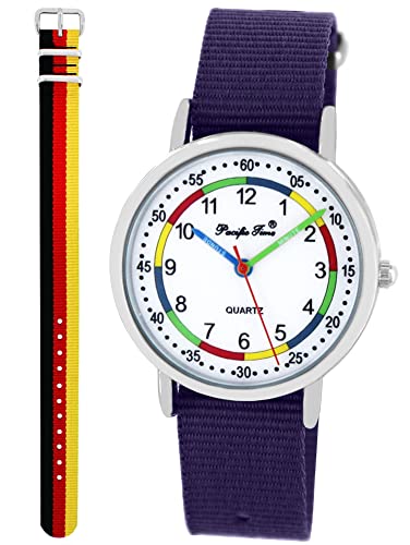 Pacific Time Lernuhr Mädchen Jungen Kinder Armbanduhr 2 Armband violett + Deutschland analog Quarz 11023 von Pacific Time