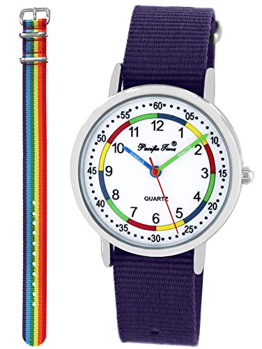 Pacific Time Lernuhr Mädchen Jungen Kinder Armbanduhr 2 Armband violett + Regenbogen analog Quarz 11016 von Pacific Time