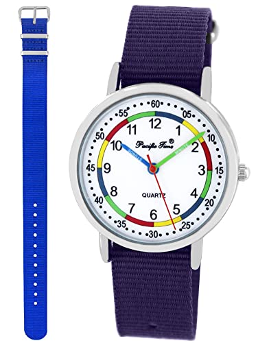 Pacific Time Lernuhr Mädchen Jungen Kinder Armbanduhr 2 Armband violett + Royalblau analog Quarz 11015 von Pacific Time