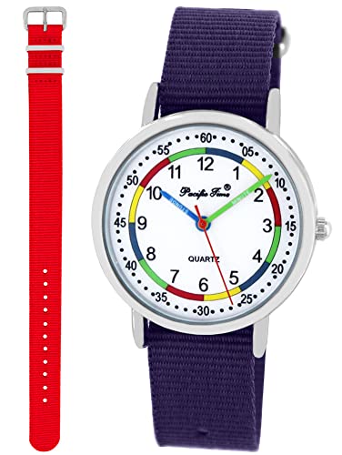 Pacific Time Lernuhr Mädchen Jungen Kinder Armbanduhr 2 Armband violett + rot analog Quarz 11018 von Pacific Time