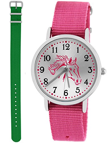 Pacific Time Mädchen Armbanduhr Uhr Pferd Pferdemotiv analog Quarz 2 Textilarmband 10029 Rosa Grün von Pacific Time