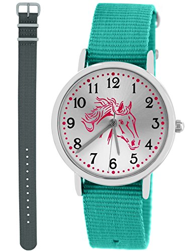 Pacific Time Mädchen Armbanduhr Uhr Pferd Pferdemotiv analog Quarz 2 Textilarmband 10034 Türkis Grau von Pacific Time