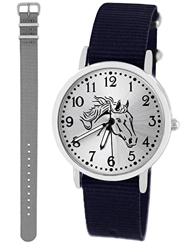 Pacific Time Kinder Armbanduhr Mädchen Junge Pferd Kinderuhr Set 2 Textil Armband dunkel blau + grau analog Quarz 10413 von Pacific Time