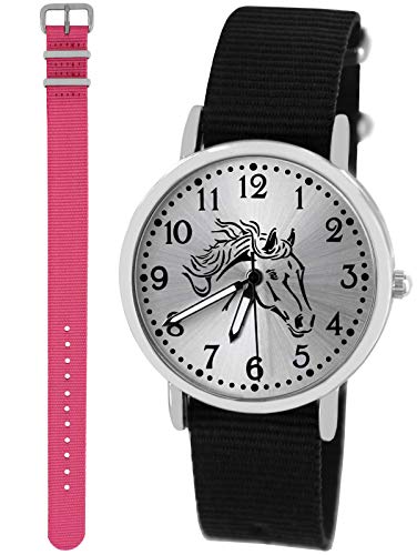 Pacific Time Mädchen Uhr Analog Quarz mit 2 Textilarmband 10422 schwarz rosa von Pacific Time