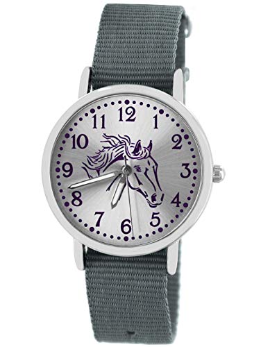 Pacific Time Mädchen Uhr Pferde analog Quarz mit Textil Wechselarmband grau 10306 von Pacific Time