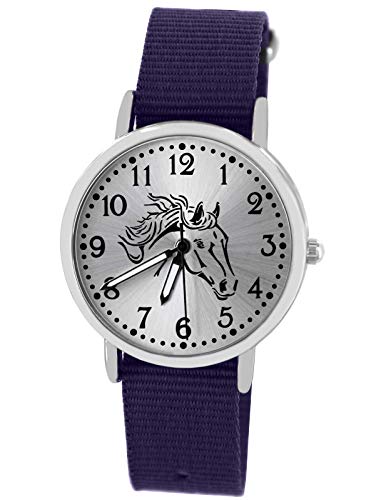 Pacific Time Mädchen Armbanduhr Pferd Motiv Uhr analog Quarz mit Textilarmband violett 10402 von Pacific Time