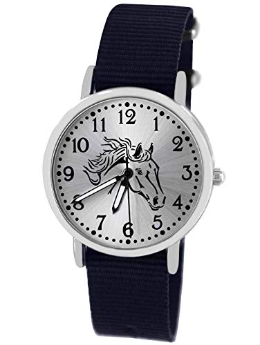 Pacific Time Mädchen Armbanduhr Uhr Pferd Pferdemotiv analog Quarz mit Textilarmband blau 10404 von Pacific Time