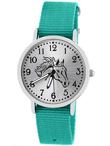 Pacific Time Mädchen Armbanduhr Uhr Pferd Pferdemotiv analog Quarz mit Textilarmband türkis 10405 von Pacific Time