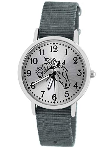 Pacific Time Mädchen Armbanduhr Uhr Pferd Pferdemotiv analog Quarz mit Textilarmband grau 10406 von Pacific Time