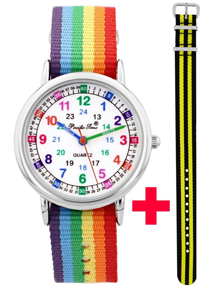 Pacific Time Quarzuhr Armbanduhr Jungen Lernuhr Textil Wechselarmband schwarz gelb 12920, + farbenfrohes Regenbogen Armband - Gratis Versand von Pacific Time