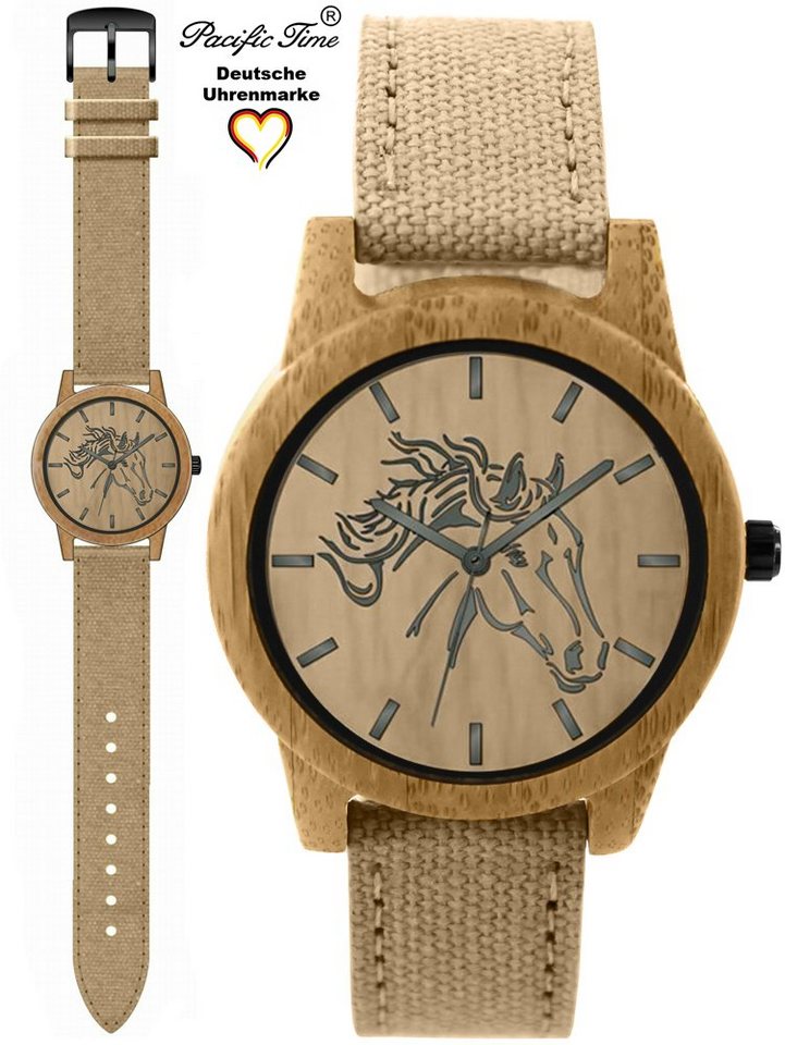 Pacific Time Quarzuhr Damenuhr analog Pferd Holz Canvas Armband, Gratis Versand von Pacific Time