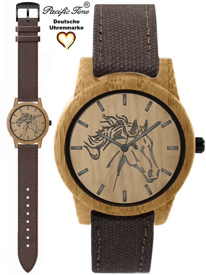 Pacific Time Quarzuhr Damenuhr analog Pferd Holz Canvas Armband, Gratis Versand von Pacific Time