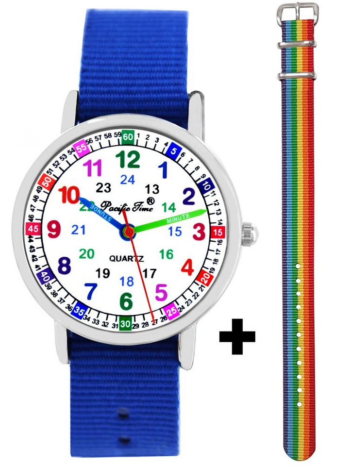 Pacific Time Quarzuhr Kinderuhr Lernuhr Textil 2 Durchzugsband royal blau 12929, + hübsches buntes Regenbogen Armband - Gratis Versand von Pacific Time