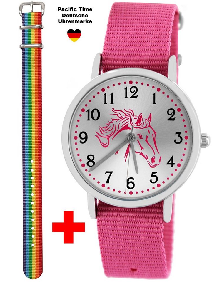 Pacific Time Quarzuhr Kinder Armbanduhr Mädchen Pferd rosa Wechselarmband rosa 10121, + ein Regenbogen Armband - Gratis Versand von Pacific Time