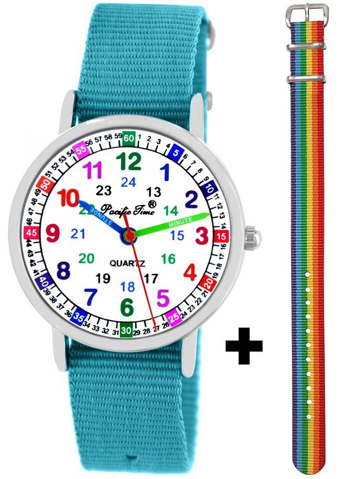 Pacific Time Quarzuhr mit 2 Tausch Armbändern hellblau und Regenbogen Einhorn Look 12938, - Gratis Versand von Pacific Time