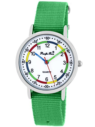 Time Mädchen Jungen Armbanduhr Lernuhr Kids analog Quarz Wechsel Textilarmband grün 865230 von Pacific Time