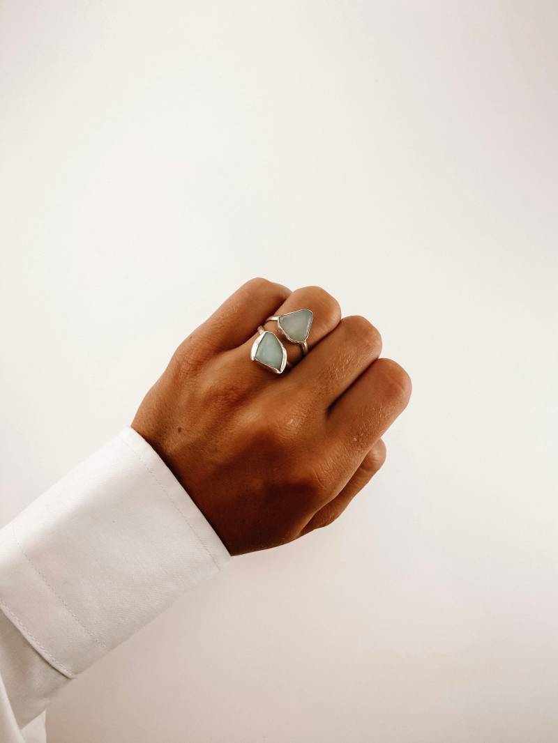 Roh Aquamarin Ring, Doppelter Stein Edelstein Split Band Sterling Silber Ring von PacificJewelSC