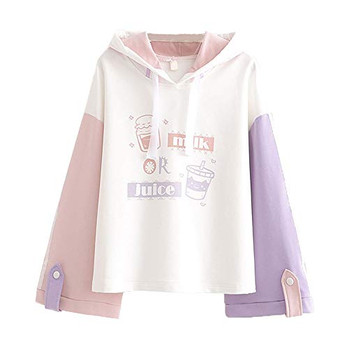 Lolita Casual Hoodies Teen Girls Patchwork Cute Cartoon Long Sleeve Tops, Weiß, Small von Packitcute