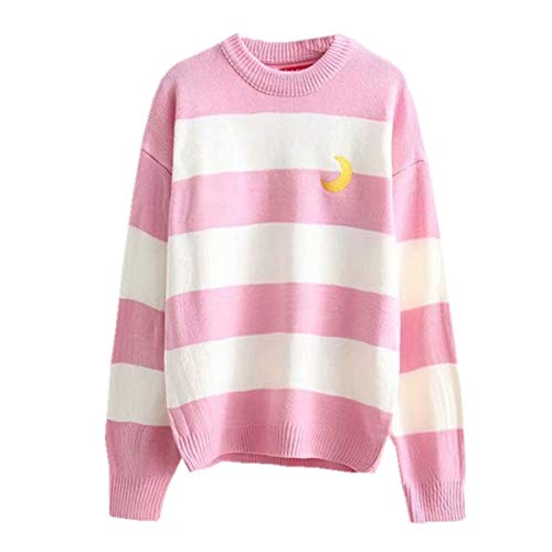 Packitcute Gestreifter Strickpullover, lange Ärmel, Mond Stickerei Süße Pullover für Frauen - Pink - Groß von Packitcute