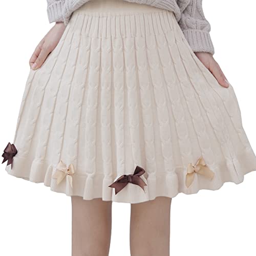 Packitcute Süße Teens Winter Casual Strickrock mit Bowknot Einfarbig Mode Elastische Hohe Taille Rüschen Saum Nette Röcke, Braune Bowknots, Einheitsgröße von Packitcute