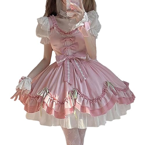 Packitcute Süßes Lolita-Kawaii-Kleid mit Rüschensaum, für Teenager, süße Spitze, Schleife, hohe Taille, A-Linie, Cocktail-Partykleider, Pink, Mittel von Packitcute