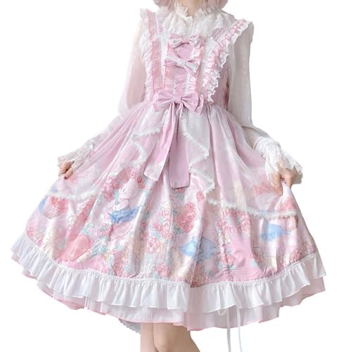 Packitcute Teens Lolita Prinzessin Party Kleid Kawaii Bunny Print Schleife Rüschen Ärmellos A-Linie Niedliche Kleider Cosplay Kostüm Rosa Einheitsgröße von Packitcute