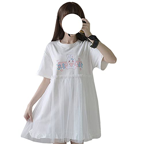 Sommerkleider für Teenager-Mädchen, japanischer Stil, niedlicher Kaninchen-Druck, Baumwolle, Mini-T-Shirt-Kleid - Wei� - Mittel von Packitcute