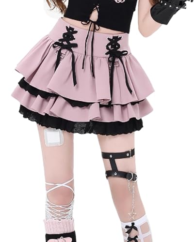Süße Fliege Spitze Rüschen Flare Mini Röcke Japanische Lolita Hohe Taille Niedliche Röcke Elastische A-Linie Plissee Kurzer Rock, Pink, Mittel von Packitcute
