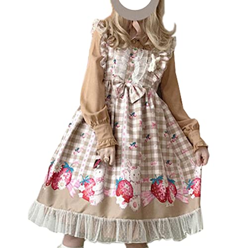 Sweet Teens Lolita-Kleid im japanischen Stil, niedlicher Hasen-Erdbeer-Druck, hohe Taille, kariertes Kleid, khaki, Mittel von Packitcute