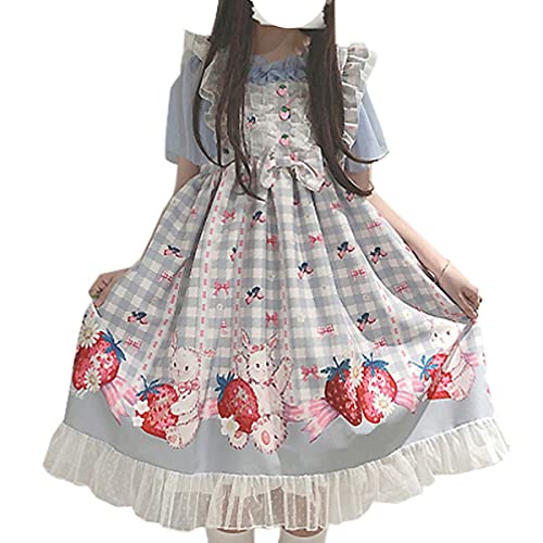 Sweet Teens Lolita-Kleid im japanischen Stil, niedliches Hasen-Erdbeer-Druck, hohe Taille, kariertes Kleid, Blau, M von Packitcute