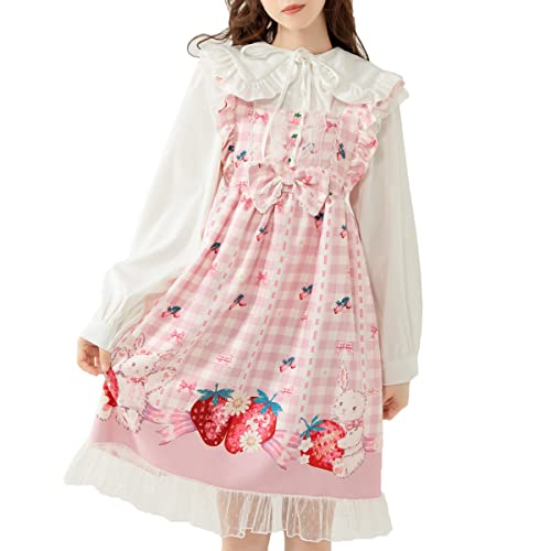 Sweet Teens Lolita-Kleid im japanischen Stil, niedliches Hasen-Erdbeer-Druck, hohe Taille, kariertes Kleid, Pink, Mittel von Packitcute