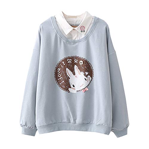 Packitcute Süßer Pullover Sweatshirts für Damen, lange Ärmel, Baumwolle, Häschen, Patchwork, Frühling, Herbst, gefälschte zweiteilige, dünne Oberteile, Blau, M von Packitcute