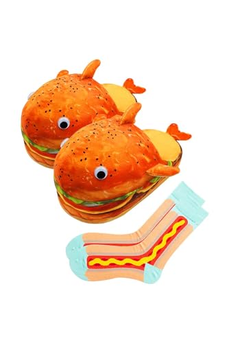 Pacreck Hamburger Hausschuhe Essen Schuhe Plüsch Hamburger Form Lustige Warme Hausschuhe mit Hot Dog Socken, Hamburger, One Size von Pacreck