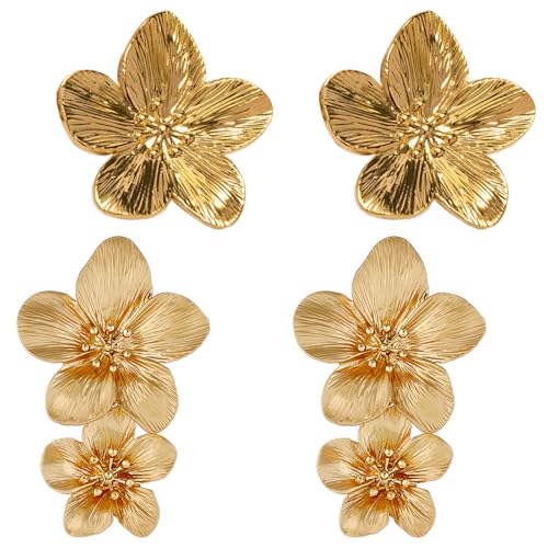 PacuM 2 Stück Ohrringe Blumen Ohrringe Gold Bohème-Stil Statement Gold Flower Earrings 2 Stile Blumenohrringe Antioxidativ Hypoallergen für Urlaub Party Abend Zeremonie Festival von PacuM