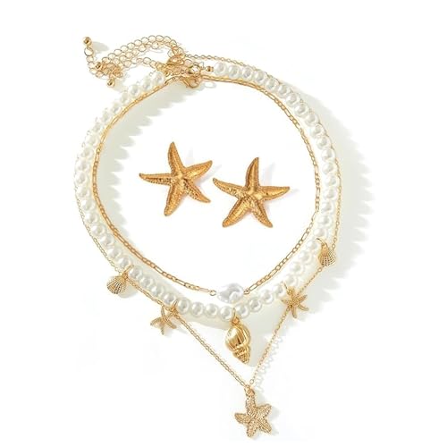 PacuM 2 Stück Seestern Kette Schmuckset Boho Starfish Necklace Verstellbar Muschelkette Seestern Ohrringe Gold Sommer Schmuck Damen Mermaid Jewelry für Den Alltag Feiertage Anlässe von PacuM