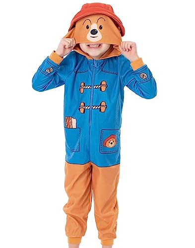 Paddington Bär Onesie Kinder | Jungen Mädchen Tier Filmfigur mit 3D Rot Bucket Hat Blue Pjs | Weiche Fleece-Kapuze mit Reißverschluss | Book Day Merchandise von Paddington Bear