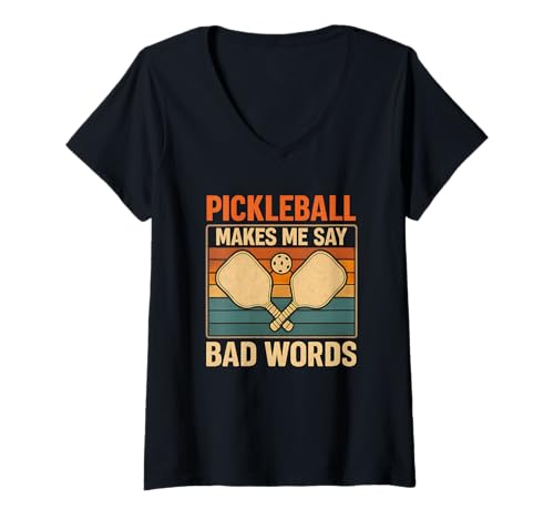 Damen Lustiges Pickleball Makes Me Say Bad Words Retro-Paddel-Design T-Shirt mit V-Ausschnitt Damen Lustiges Pickleball Makes Me Say Bad Words Retro-Paddel-Design T-Shirt mit V-Ausschnitt von Paddle Chaos Designs