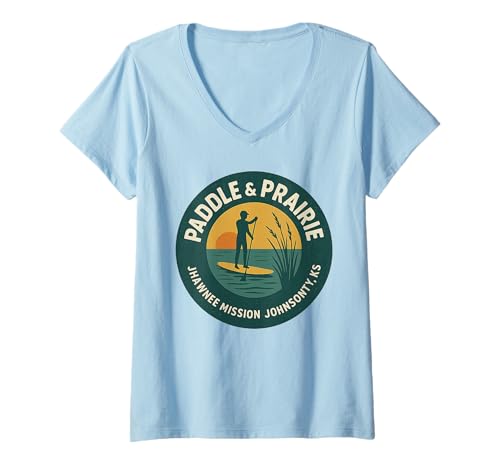 Damen Paddel und Prärie Shirt Johnson County KS SUP Lake Sunset T-Shirt mit V-Ausschnitt Damen Paddel und Prärie Shirt Johnson County KS SUP Lake Sunset T-Shirt mit V-Ausschnitt von Paddle Prairie Apparel for Shawnee Mission