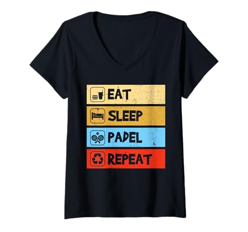 Damen Eat Sleep Padel lustiges Padelball Spieler T-Shirt mit V-Ausschnitt von Padelball Outfit & lustige Padelball Sprüche