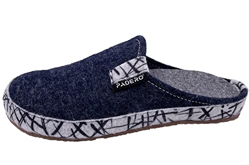 Padero TONI-Striped Hausschuhe warme Pantoffeln aus Wollfilz, Jeans-Blau, EU 42 von Padero