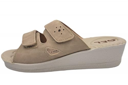 Padero Damen Pantolette mit Keilabsatz weich gepolstert Weite H für breite Füße, Beige, EU 41 von Padero