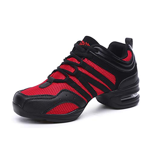 PADGENE Jazz-Schuhe für Damen, Sneaker, mit Schnürung, atmungsaktiv, Damen, geteilte Sohle, Tanzschuhe, Sportschuhe, Rot/Schwarz, 39 EU von Padgene