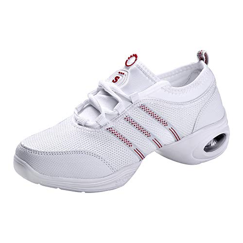 PADGENE Jazz-Schuhe für Damen, Sneaker, mit Schnürung, atmungsaktiv, Damen, geteilte Sohle, Tanzschuhe, Sportschuhe, Weiß/Rot., 41 EU von Padgene