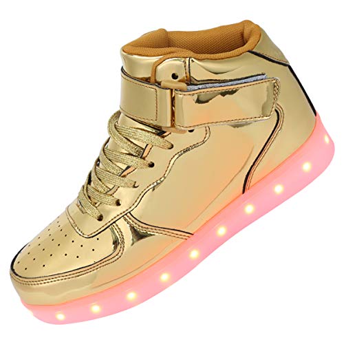 Padgene® LED-beleuchtete Turnschuhe für Damen und Herren, knöchelhoch, Blinkende Trainer, USB-Ladekabel, Schuhe mit Schnürsenkeln, gold, 41 EU/7 UK von Padgene