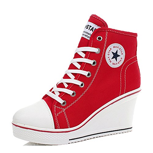 Padgene Damen-High Heels mit Schnürsenkeln, modisch, Plattform-Sportschuhe, Keile, Pumpschuhe, rot, 41 EU von Padgene