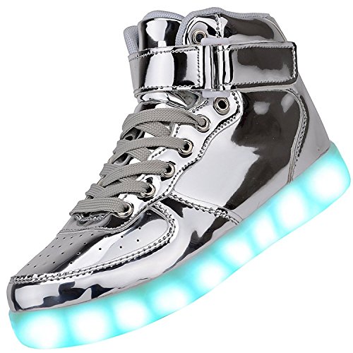 Padgene Unisex Damen-/Herren Sneaker mit Beleuchtung, hoch geschnitten, über USB aufladbar, LED-Lichter, 7 Farben, Sneaker mit Beleuchtung, Turnschuhe Schuhe Sportkleidung Laufschuhe Schuhe für Paare, silber - silber - Größe: 44 von Padgene
