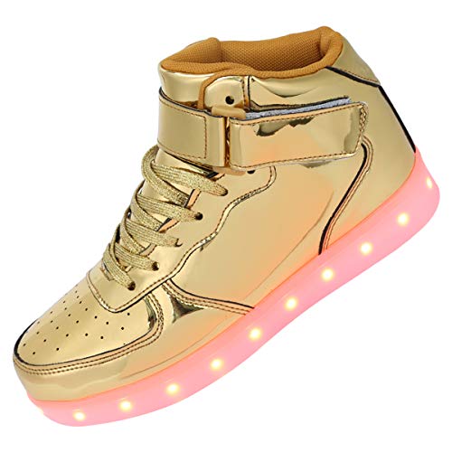 Padgene Unisex Damen-/Herren Sneaker mit Beleuchtung, hoch geschnitten, über USB aufladbar, LED-Lichter, 7 Farben, Sneaker mit Beleuchtung, Turnschuhe Schuhe Sportkleidung Laufschuhe Schuhe für Paare, gold - gold - Größe: 41 von Padgene