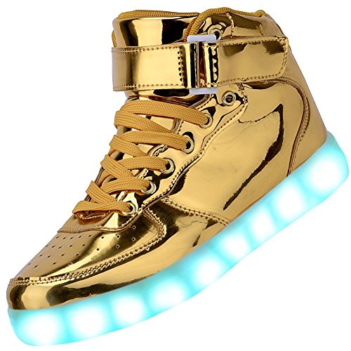 Padgene Unisex Damen-/Herren Sneaker mit Beleuchtung, hoch geschnitten, über USB aufladbar, LED-Lichter, 7 Farben, Sneaker mit Beleuchtung, Turnschuhe Schuhe Sportkleidung Laufschuhe Schuhe für Paare, gold - gold - Größe: 43 von Padgene