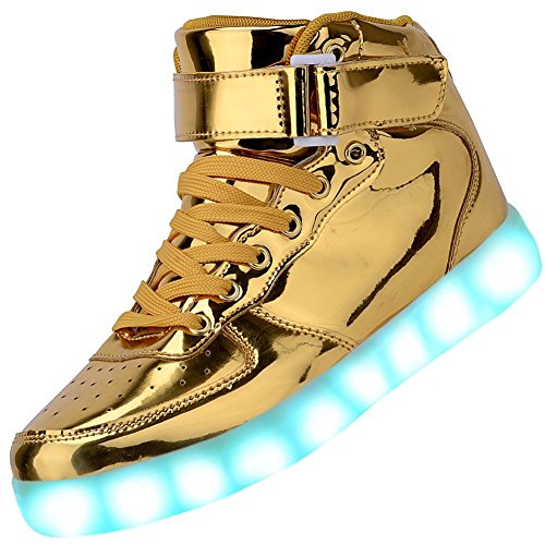 Padgene Unisex Damen-/Herren Sneaker mit Beleuchtung, hoch geschnitten, über USB aufladbar, LED-Lichter, 7 Farben, Sneaker mit Beleuchtung, Turnschuhe Schuhe Sportkleidung Laufschuhe Schuhe für Paare, gold - gold - Größe: 38 von Padgene